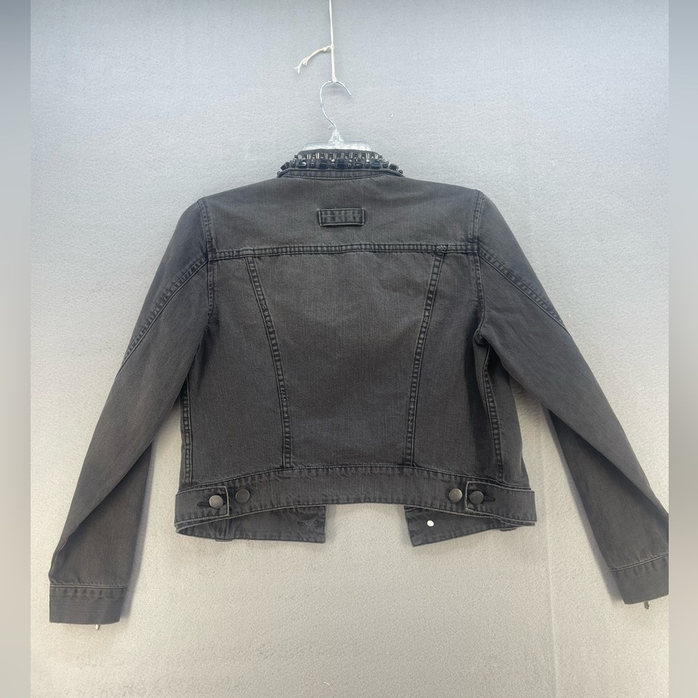 CAbi Jeans Black Distressed Jean Jacket with Beaded Collar Women’s Size Medium - Picture 4 of 16